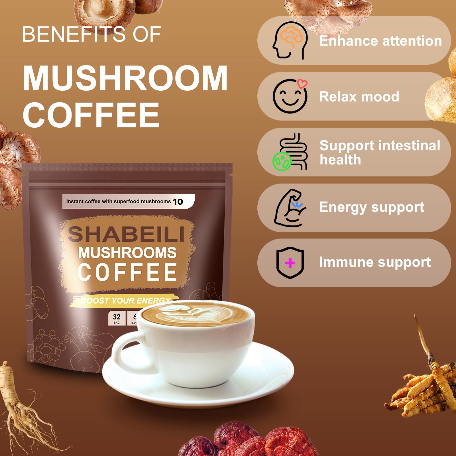 SHABEILI mushroom coffee jar on shelf, suggesting a simple daily ritual.