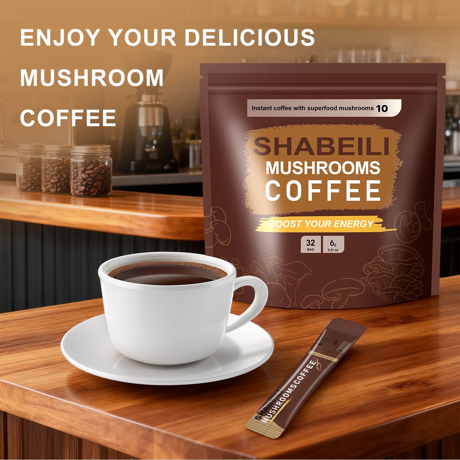 SHABEILI mug beside bag signaling a comforting daily ritual with immune-friendly mushrooms.