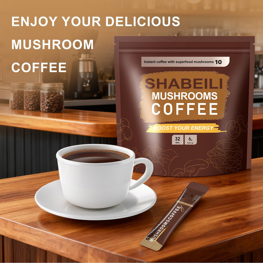 SHABEILI mug beside bag signaling a comforting daily ritual with immune-friendly mushrooms.