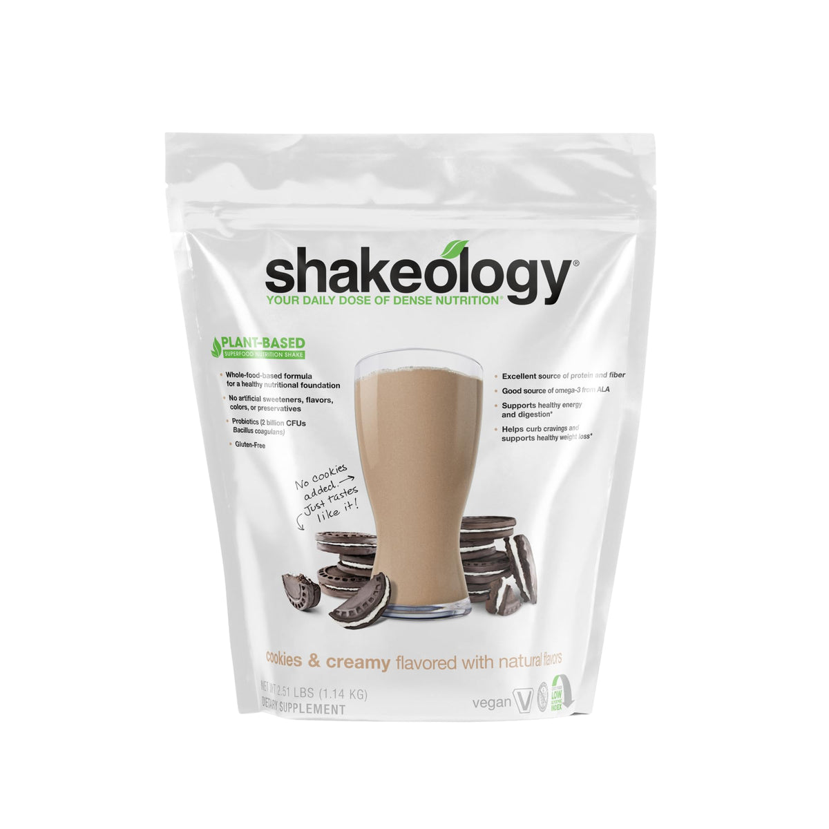 Shakeology Cookies Creamy protein powder bag showing vegan formula for meal replacement
