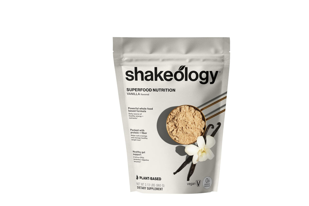 Shakeology vanilla protein powder bottle ready for a nutritious smoothie.