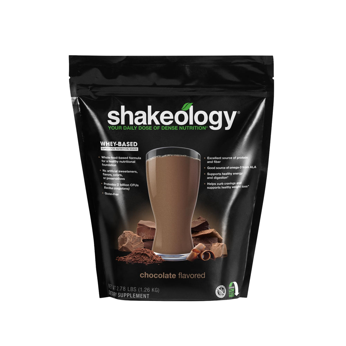 Shakeology whey protein blend glass serve shows a chocolate shake supporting lean muscle.