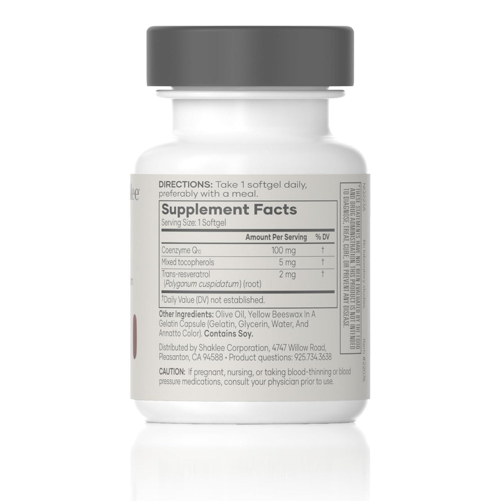 Shaklee CoQHeart softgels closeup emphasizes convenient daily cardio support.