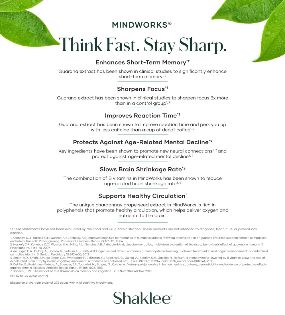 Shaklee MindWorks tablets with glass of water suggesting easy routine