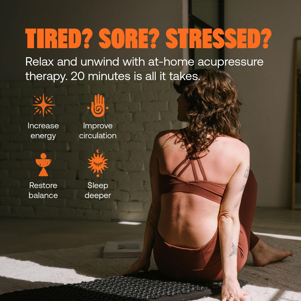 ShaktiMat Premium acupressure mat on bed showing easy wind-down and comfort.