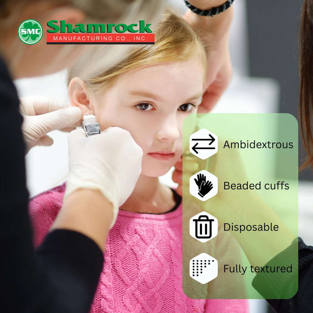 Shamrock latex exam gloves powder-free medical use with food-safe handling.