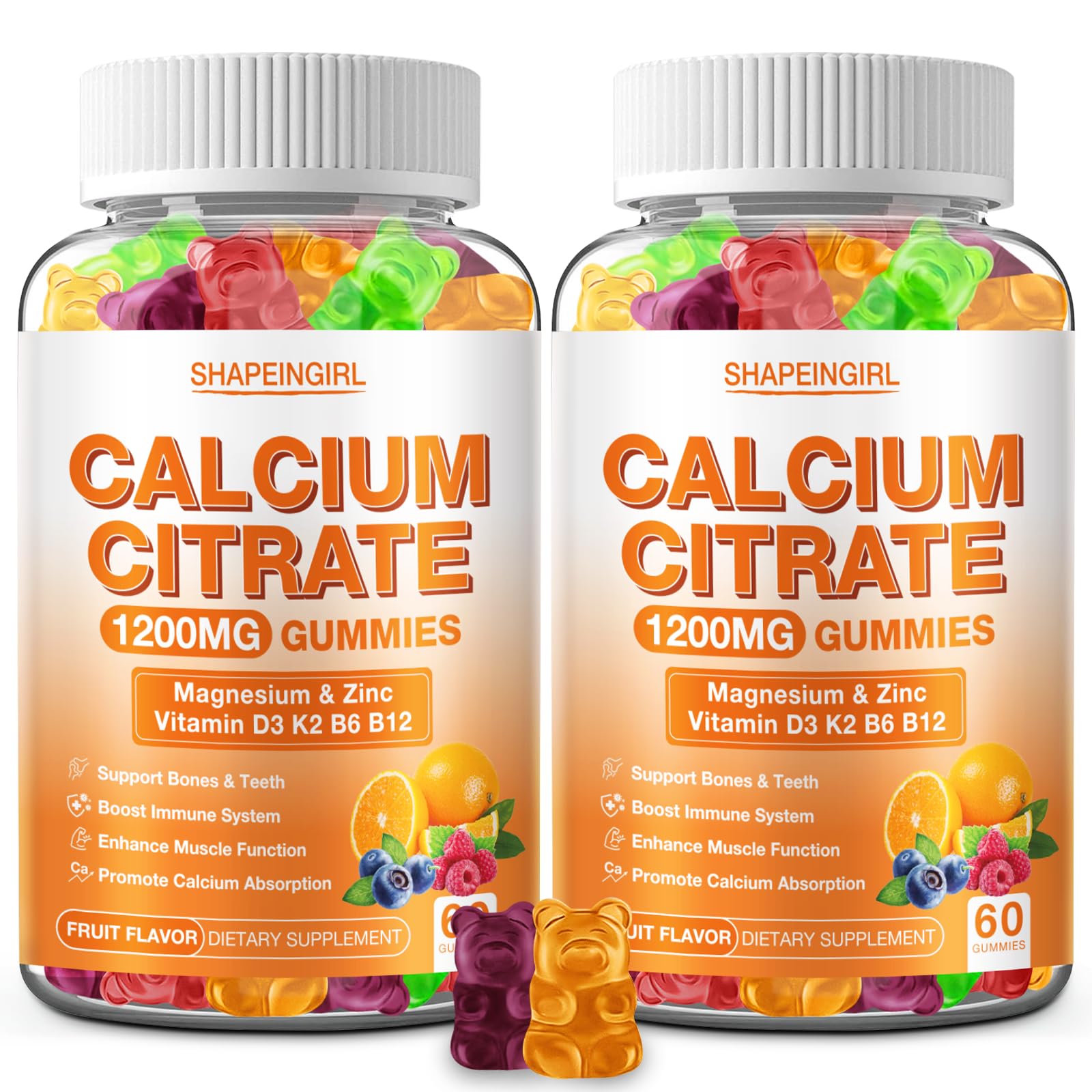 Shapeingirl 1200mg calcium citrate gummies bottle pour demonstrates convenient daily calcium intake