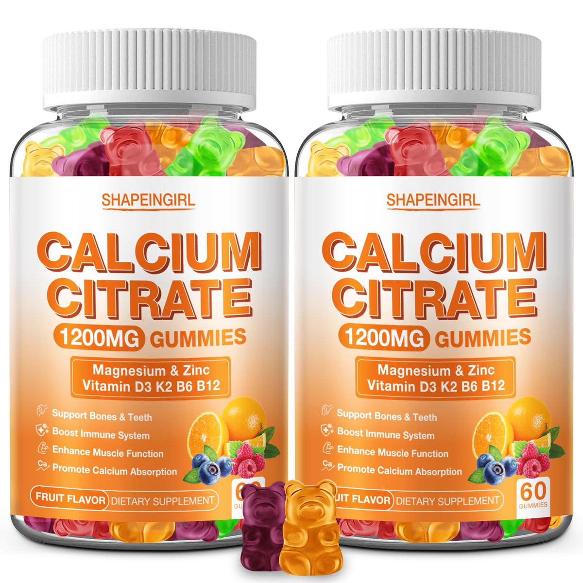Shapeingirl 1200mg calcium citrate gummies bottle pour demonstrates convenient daily calcium intake