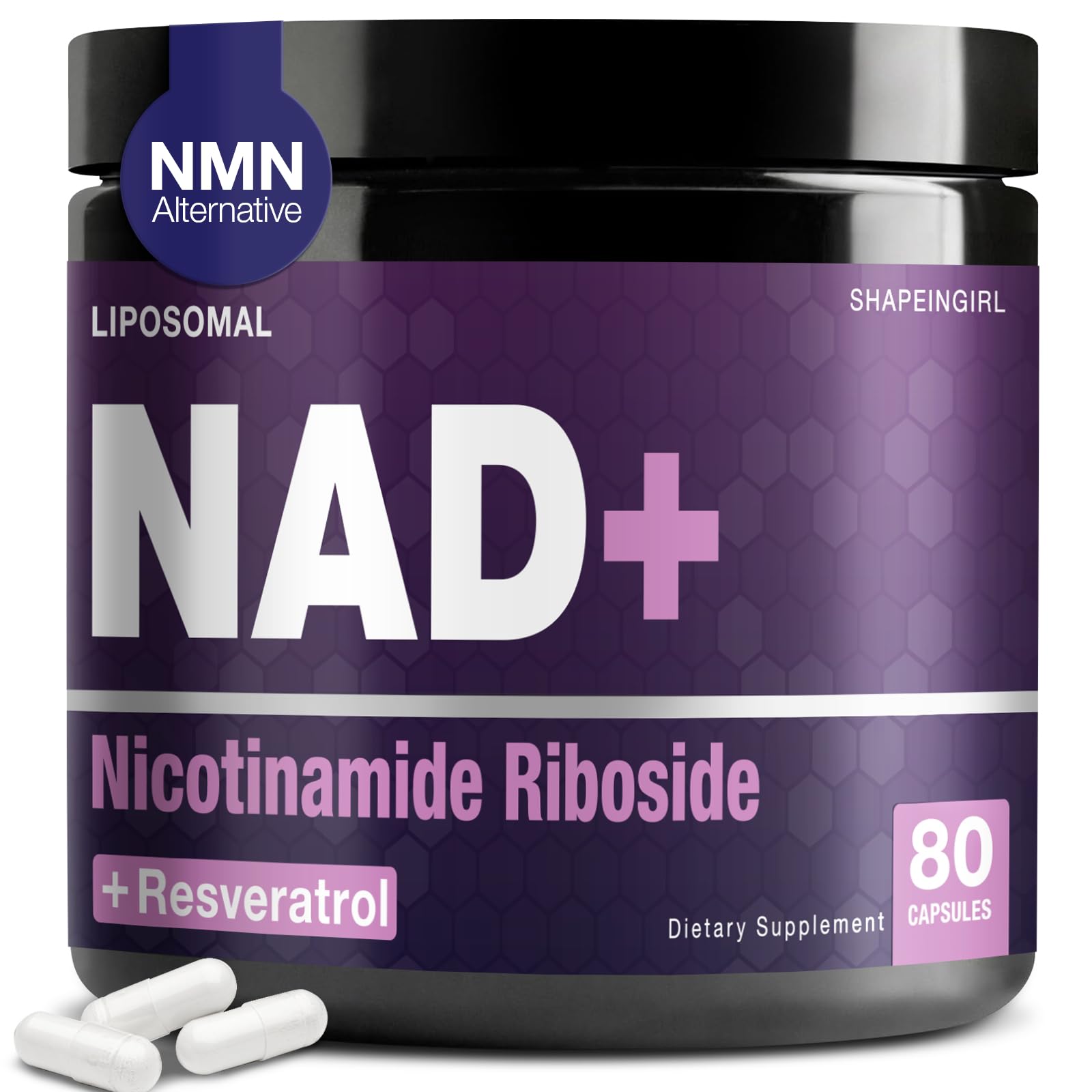 SHAPEINGIRL NAD bottle close-up showing liposomal NAD+ energy support