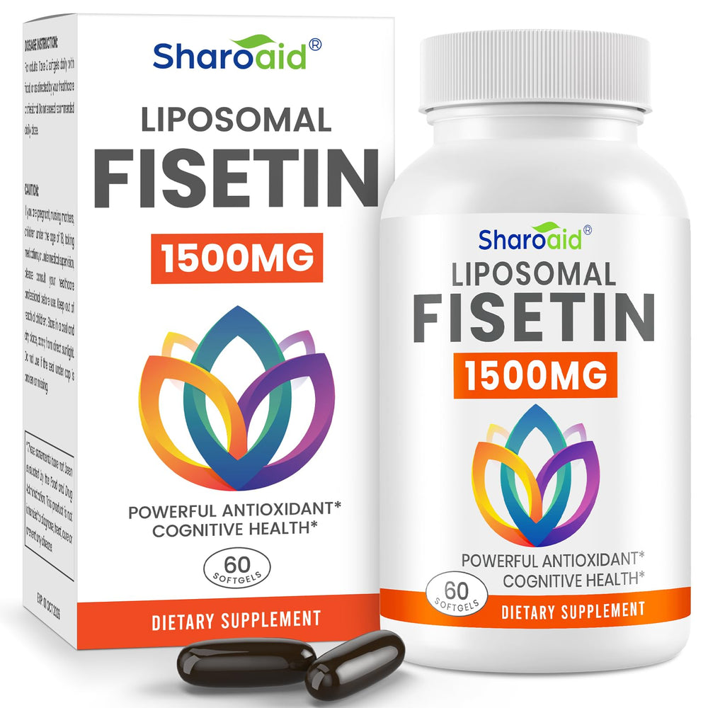 Sharoaid liposomal fisetin bottle front showing 1500mg potency for strong support