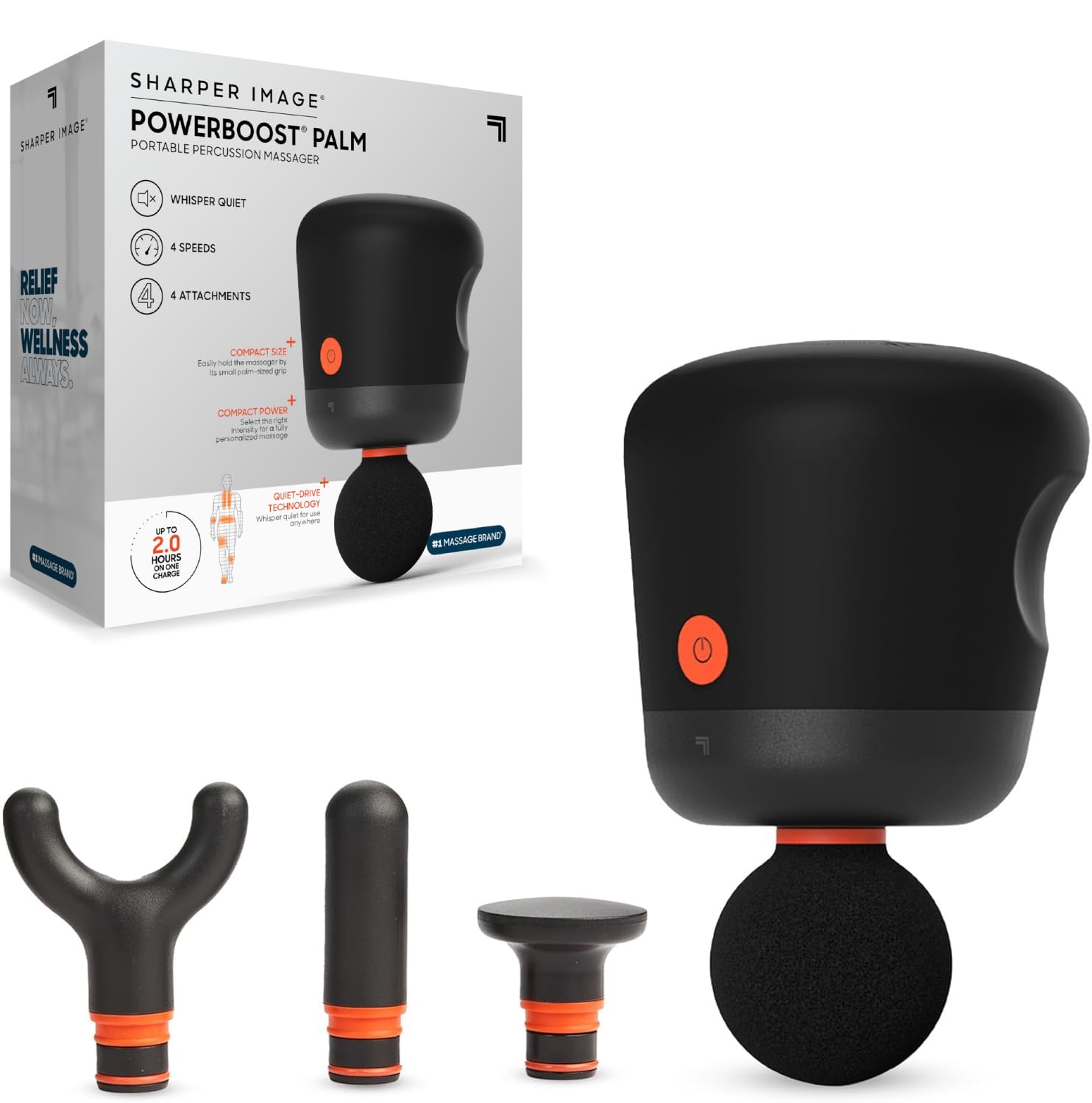 Sharper Image Mini Massage Gun with palm massage for post-workout relief and muscle relaxation.