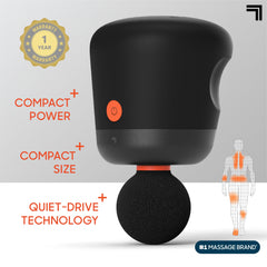 Sharper Image Mini Massage Gun round head targets large muscle groups for deep tissue feel.