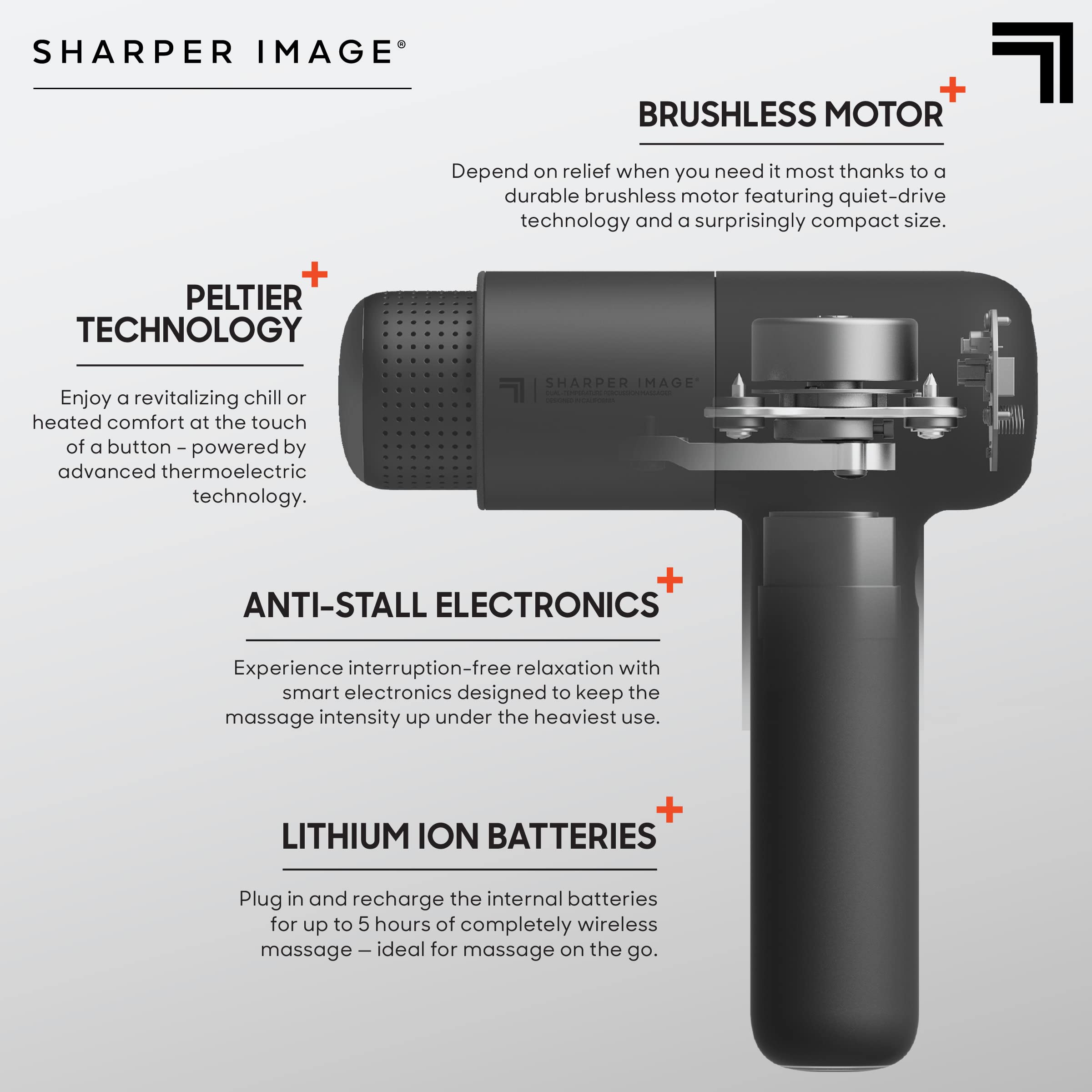 Sharper Image Powerboost Pro+ 6-speeds dial highlights customizable intensity for different muscle areas.
