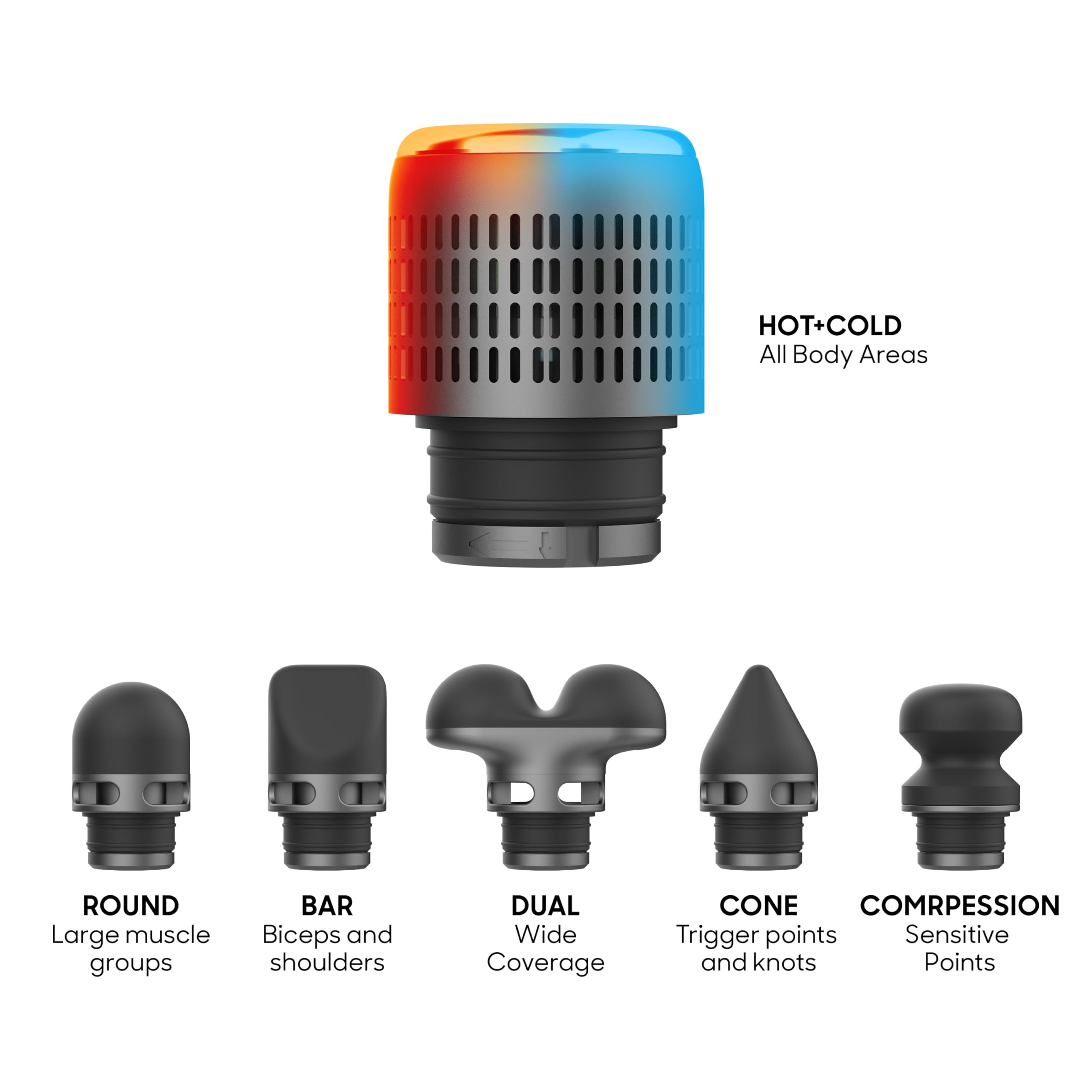 Sharper Image Powerboost Pro+ attachments heads image displays six interchangeable heads for targeted relief.