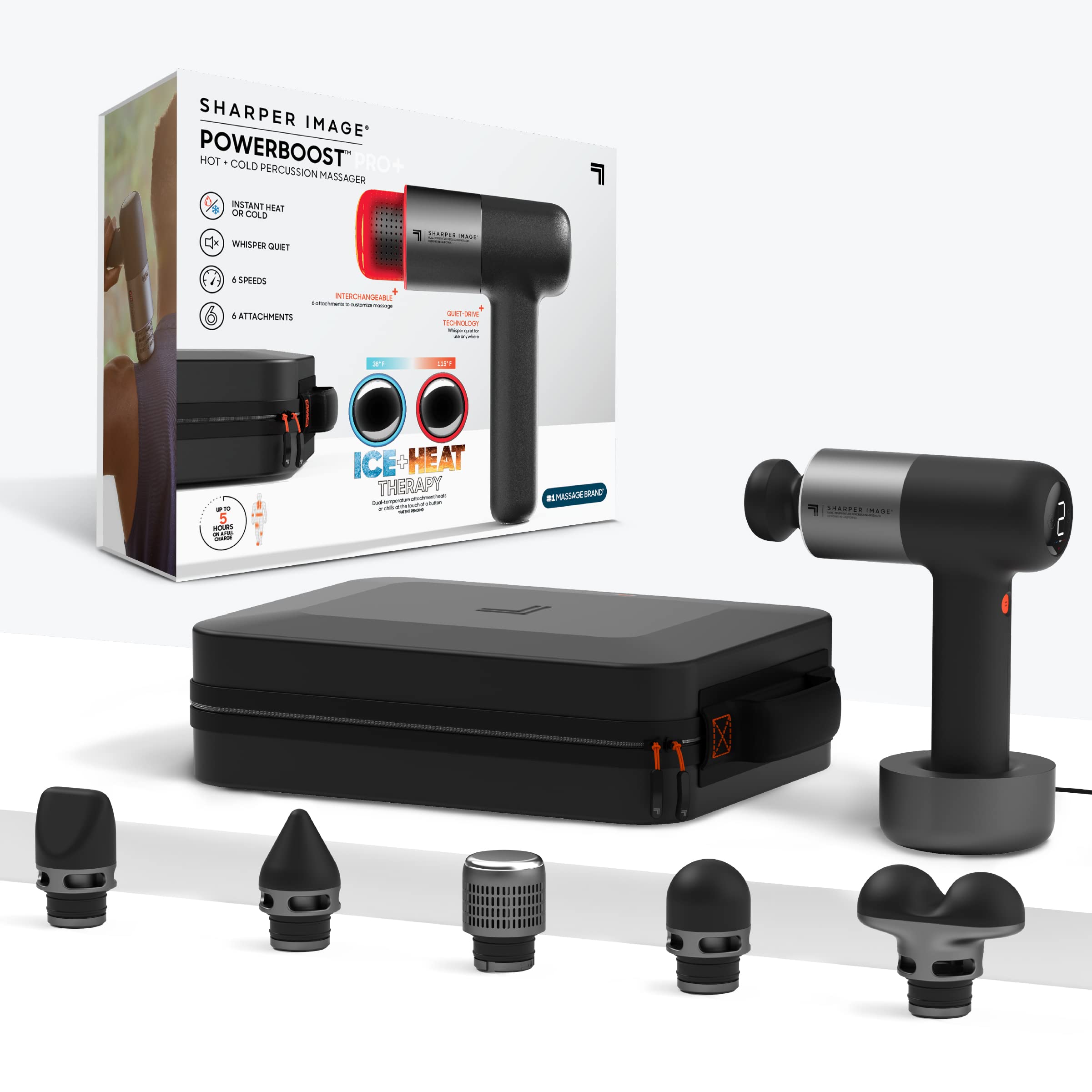 Sharper Image Powerboost Pro+ front view shows a compact massager for on-the-go relief.