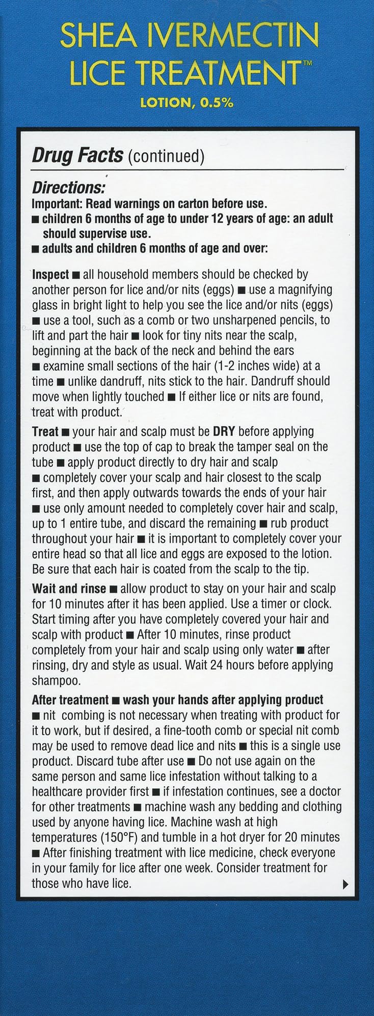 Shea Ivermectin Lice Treatment label close-up highlighting nourishing formula and simple instructions.