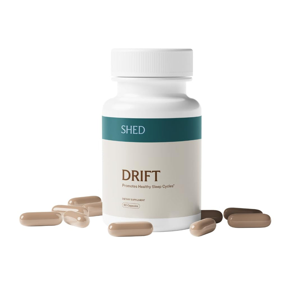 Shed Nutrition Drift bottle closeup showing compact packaging for nightly use