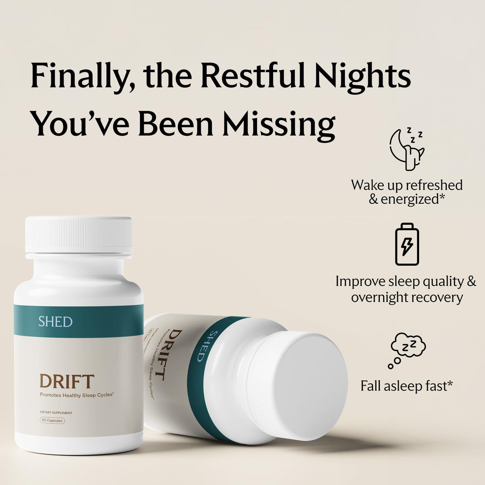 Shed Nutrition Drift capsules on nightstand ready for bedtime routine