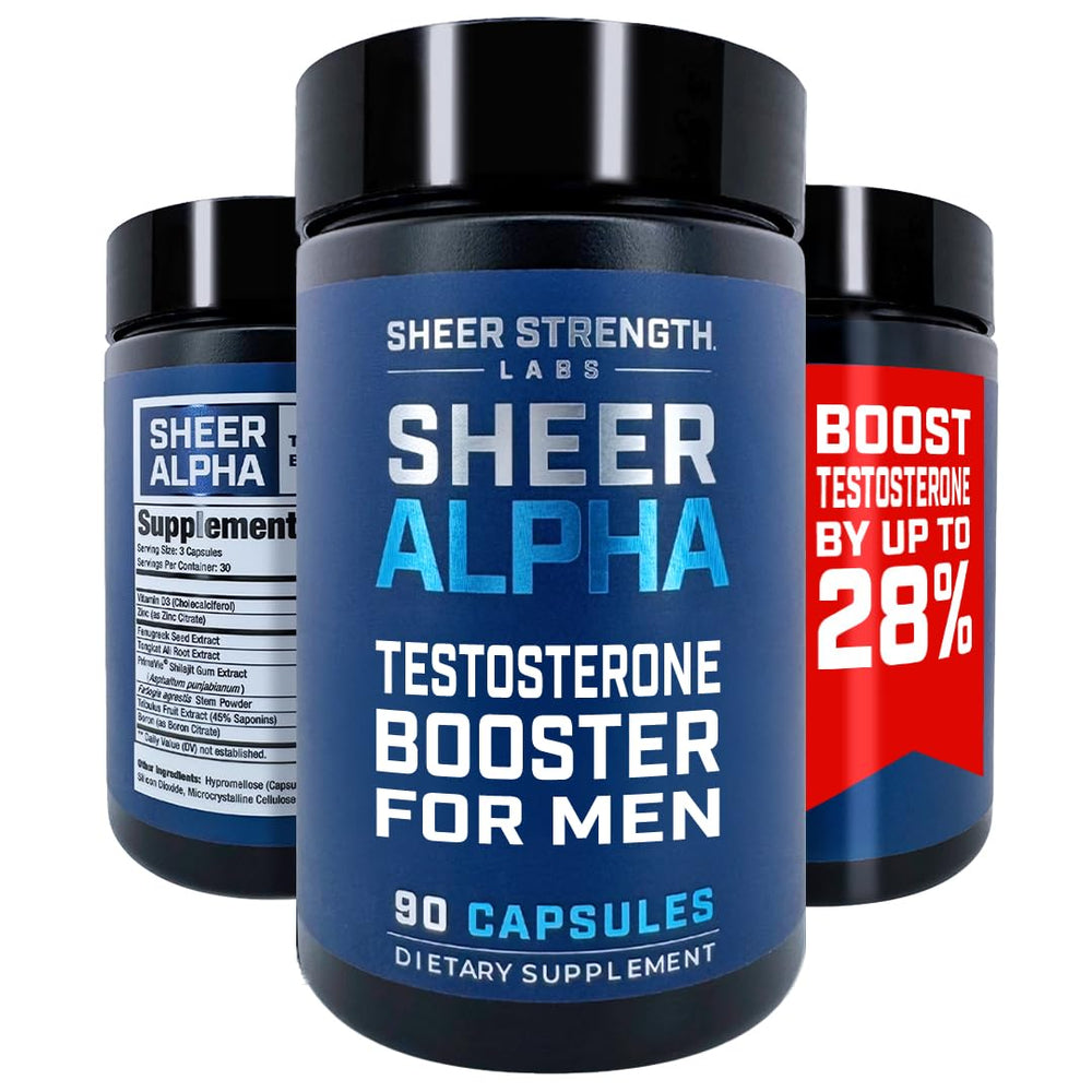 Sheer Alpha T-Booster bottle front view highlights premium energy formula.