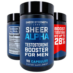 Sheer Alpha T-Booster bottle front view highlights premium energy formula.