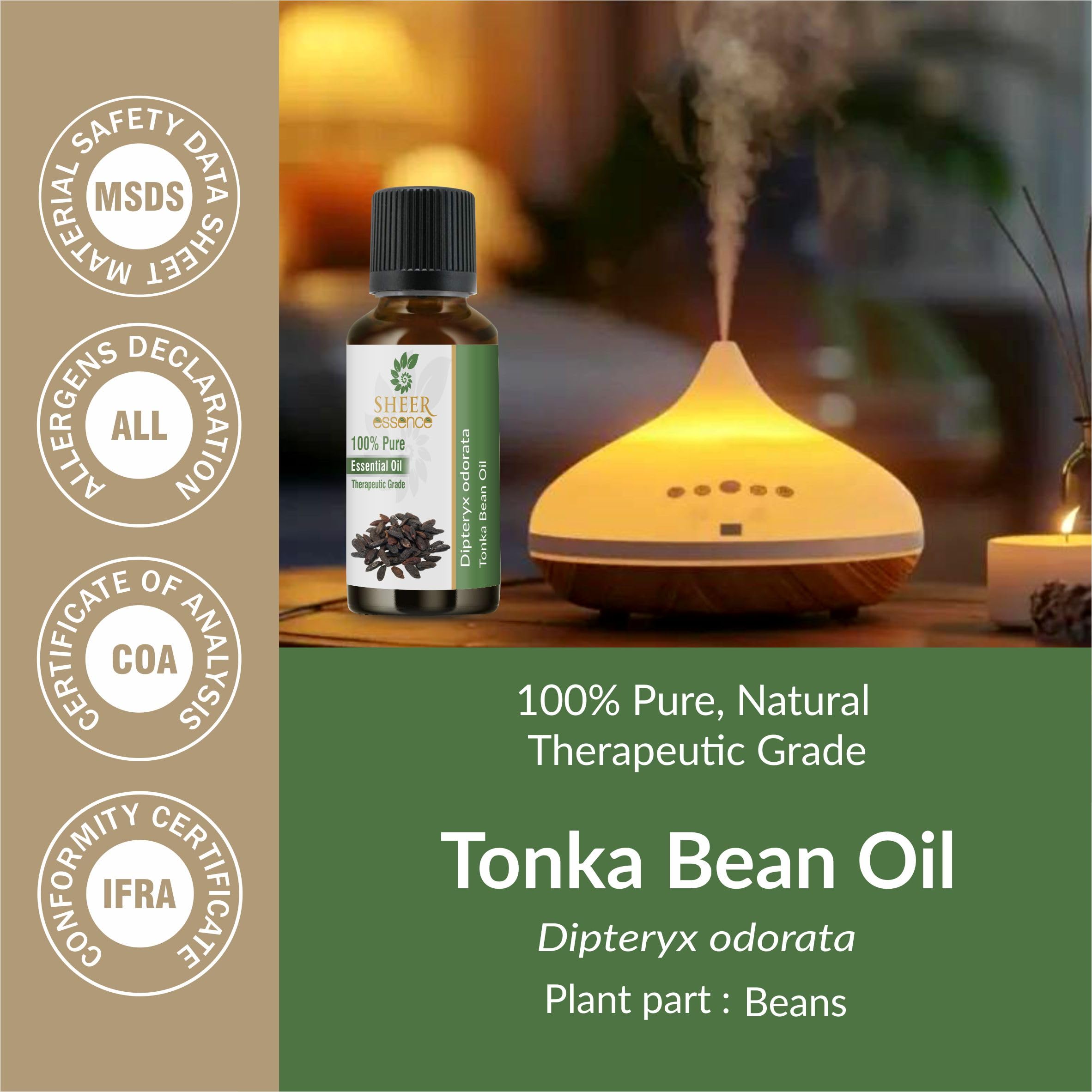 Sheer Essence Tonka Bean Absolute Oil diffuser shot for warm home fragrance.