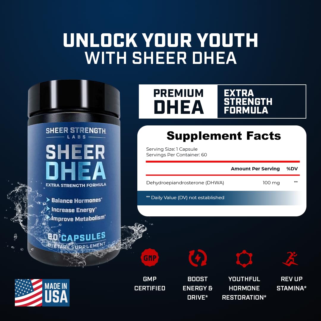 Sheer Strength DHEA 100mg capsules ready for daily use and fitness support.