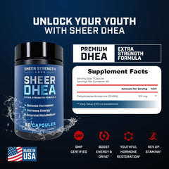 Sheer Strength DHEA 100mg capsules ready for daily use and fitness support.