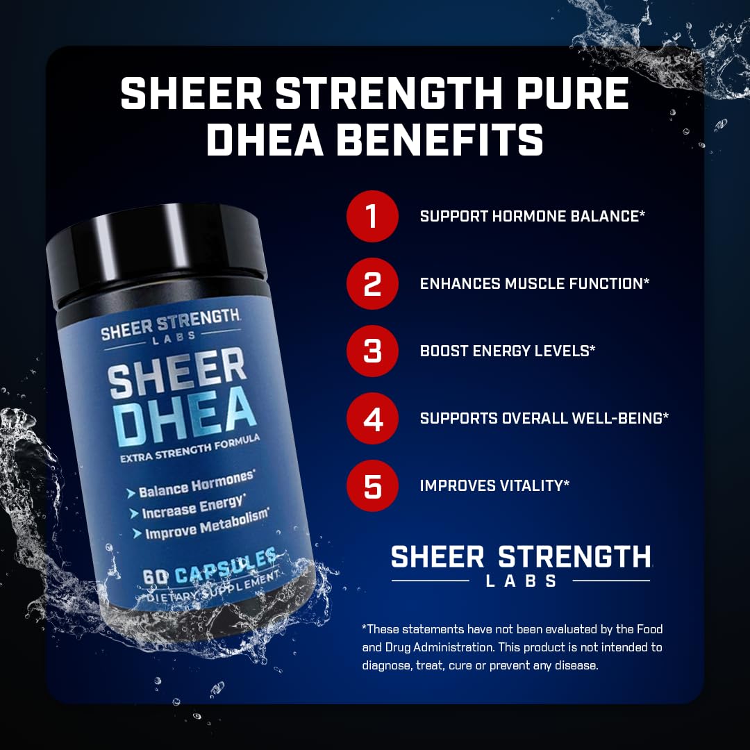 Sheer Strength DHEA 100mg label closeup with transparent ingredients and dosage details.