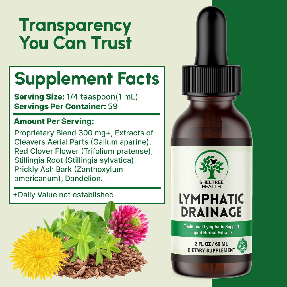 SHELTREE HEALTH Lymphatic Drainage Drops bottle-label close-up showing vegan, non-GMO quality
