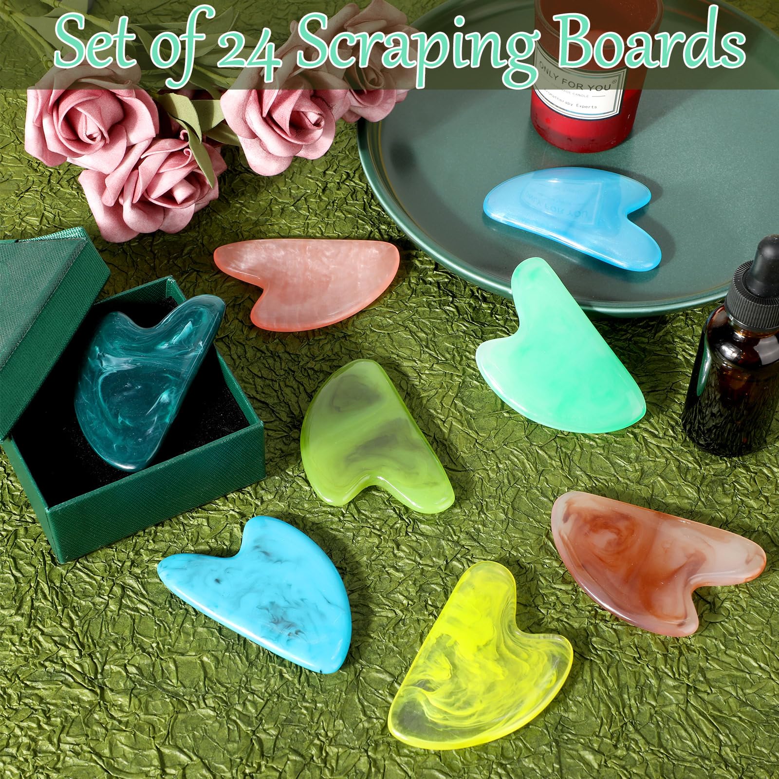 Sherr multicolor gua sha stones to differentiate uses and routines.