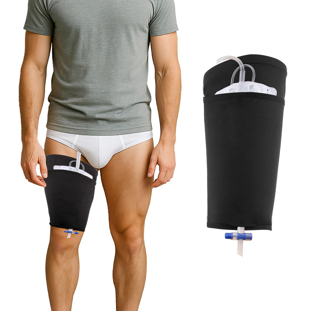 SHFGYG catheter leg bag holder front view with discreet, secure fit