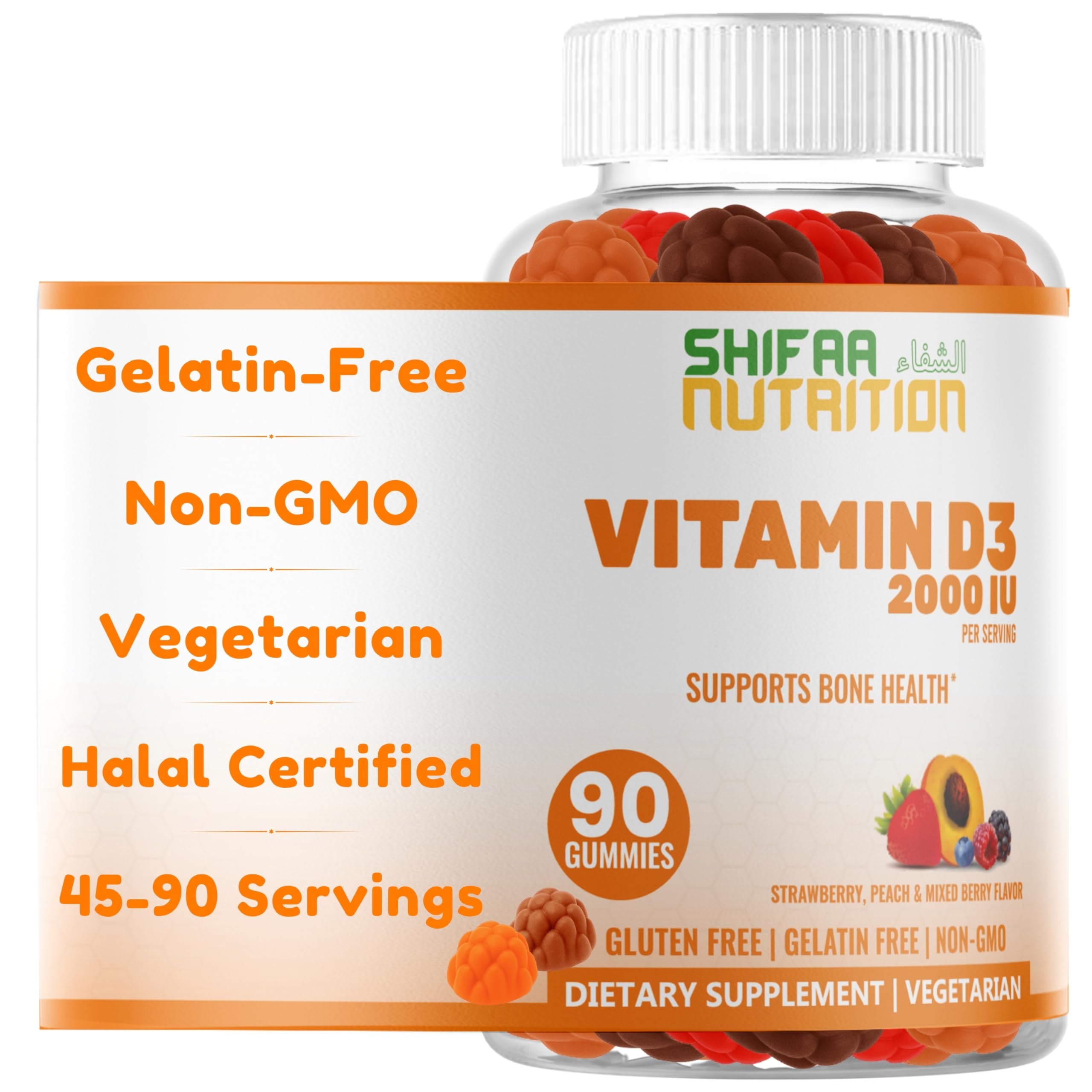 SHIFAA NUTRITION Vitamin D3 gummies with fruit flavor support bone health for families.