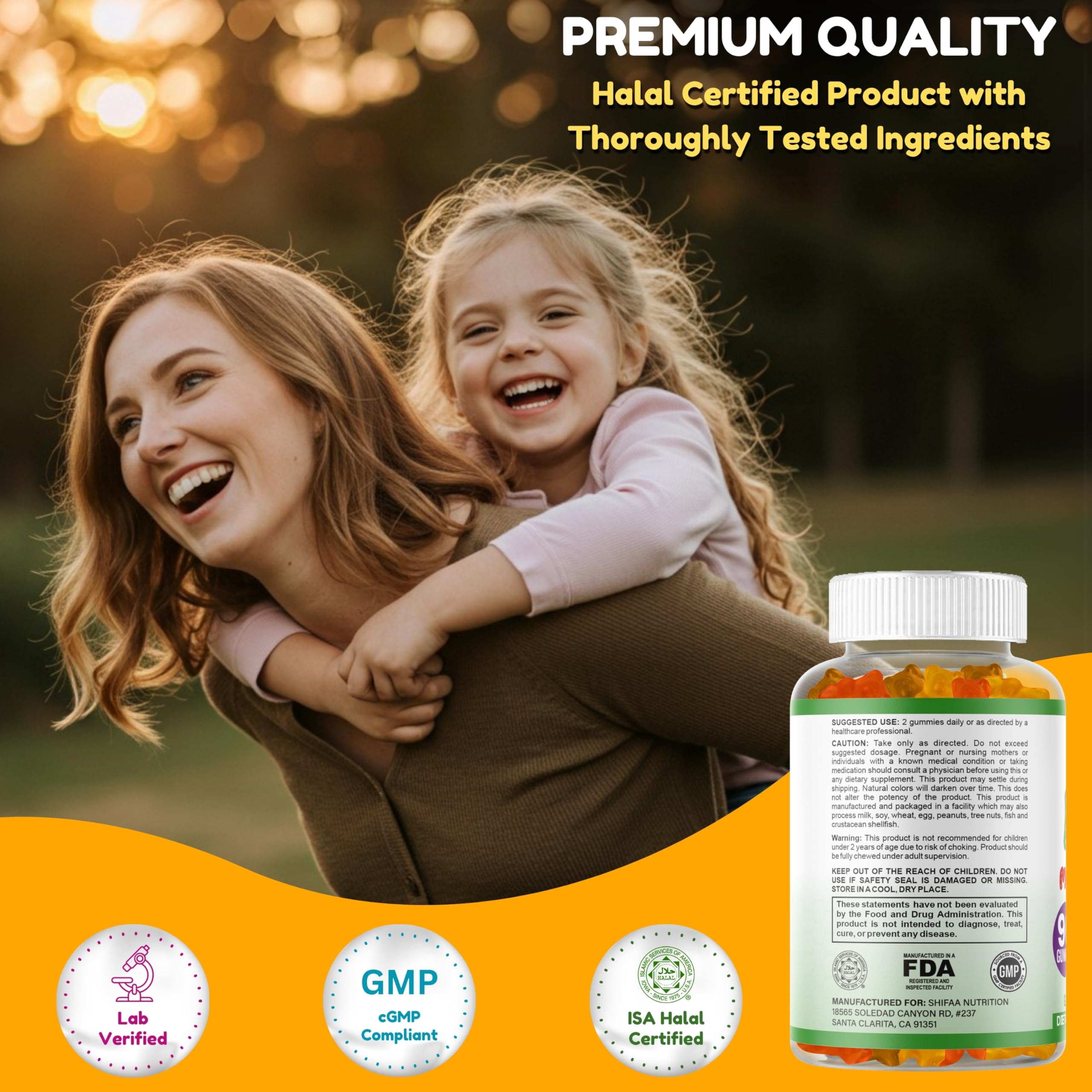 SHIFAA NUTRITION non-GMO label on gummies packaging