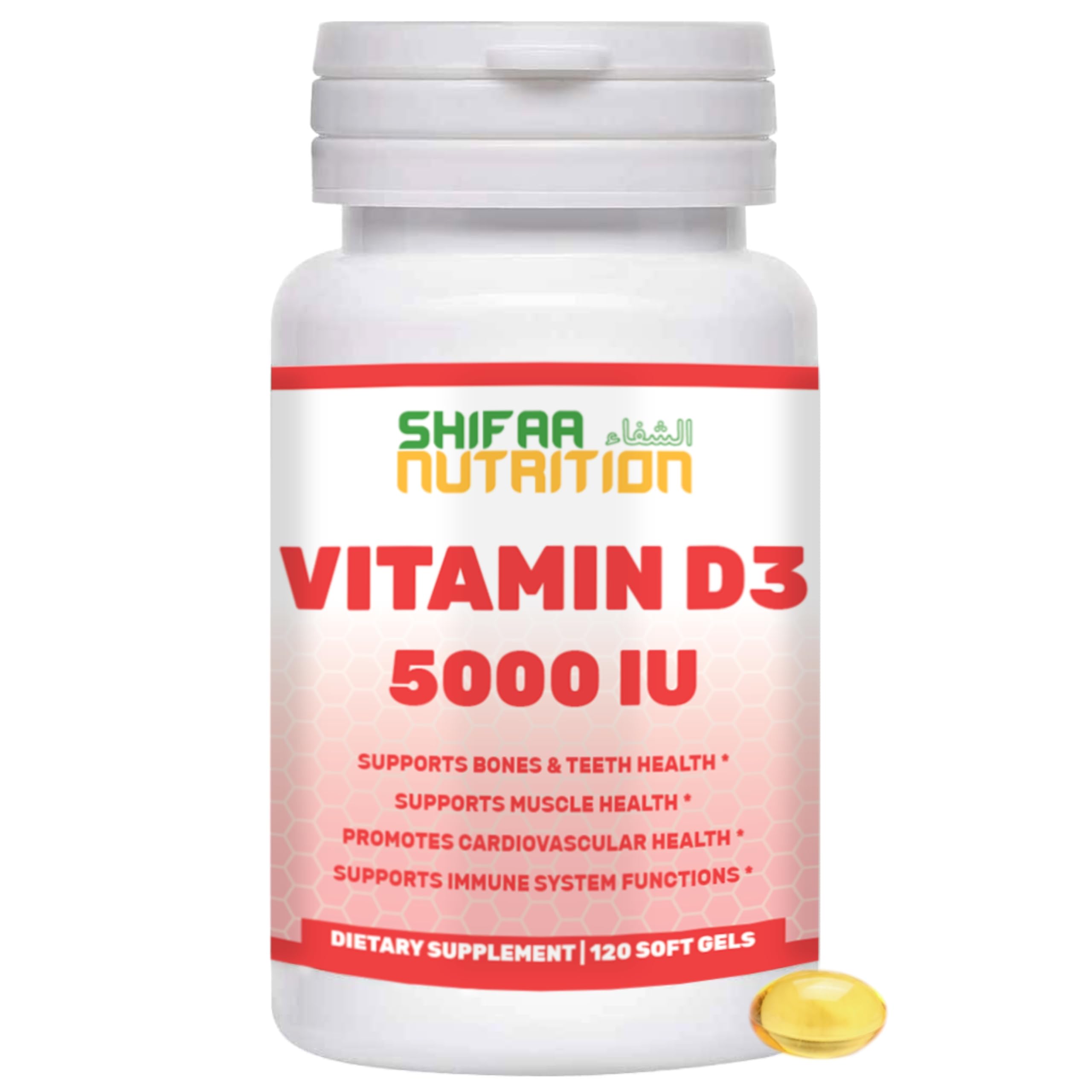 SHIFAA NUTRITION Vitamin D3 softgels bottle front for daily immune and bone support