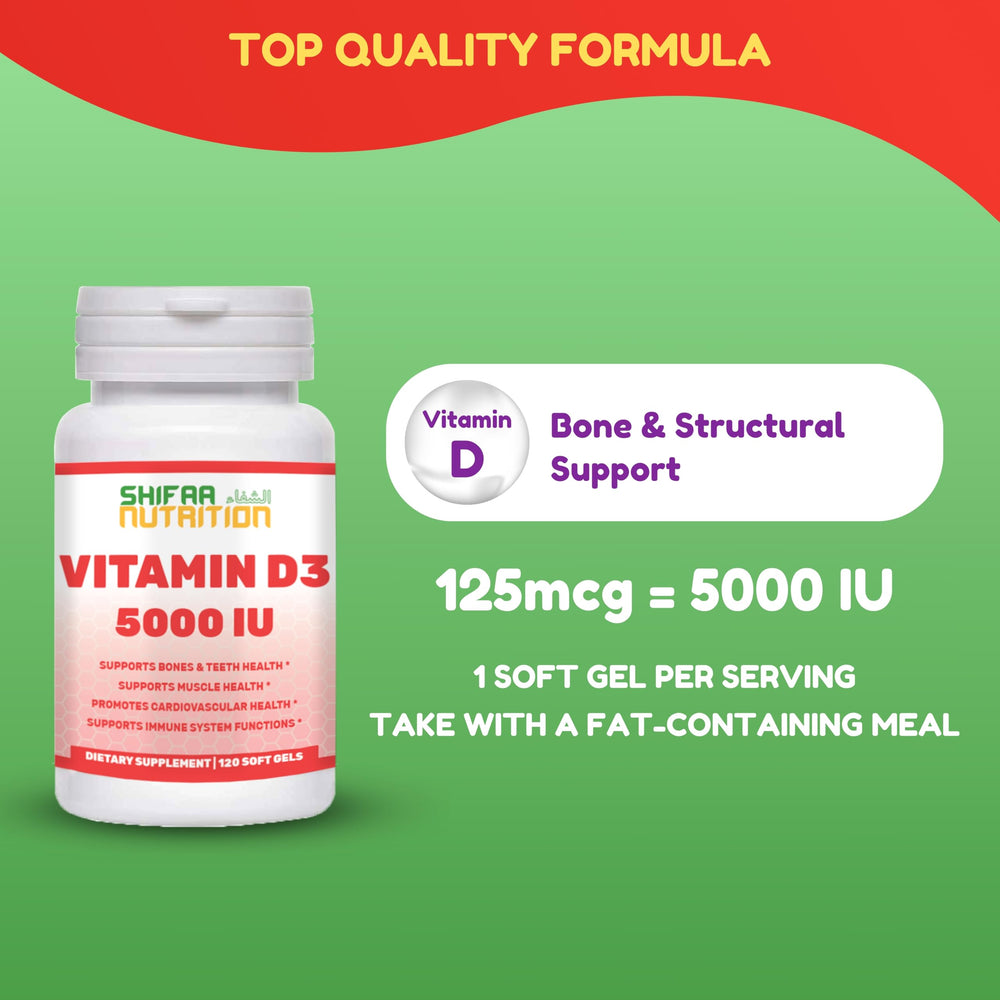 SHIFAA NUTRITION ingredient panel highlighting 5000 IU per softgel