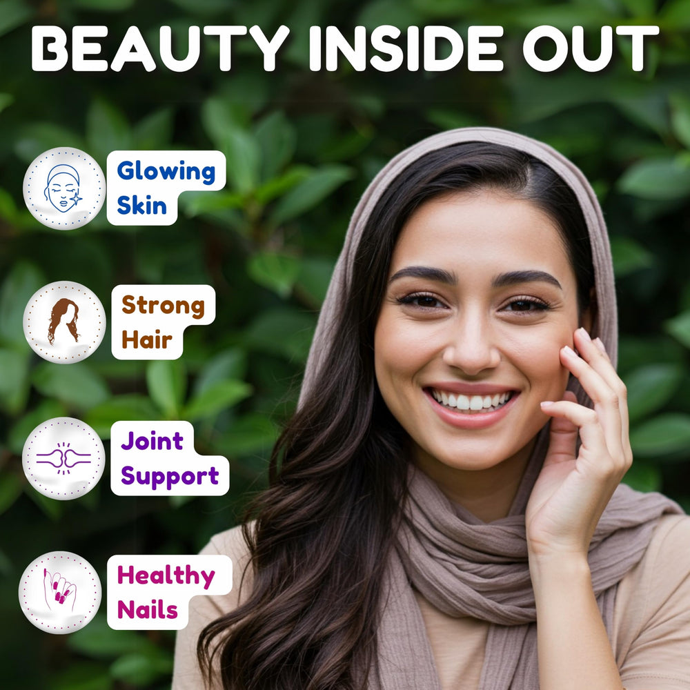 SHIFAA NUTRITION skin glow concept beside a radiant complexion.