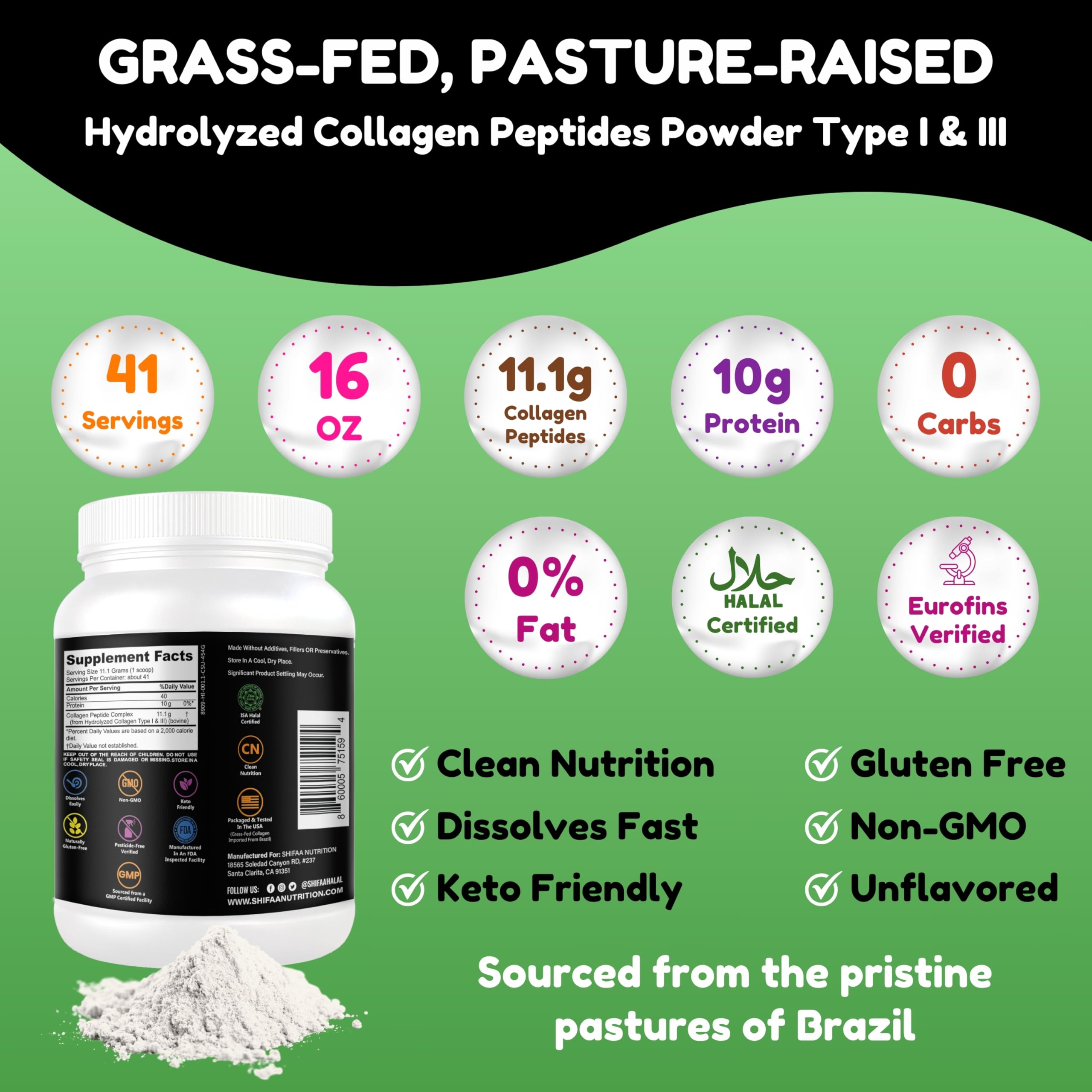 SHIFAA NUTRITION unflavored collagen powder, dissolves easily in beverages.