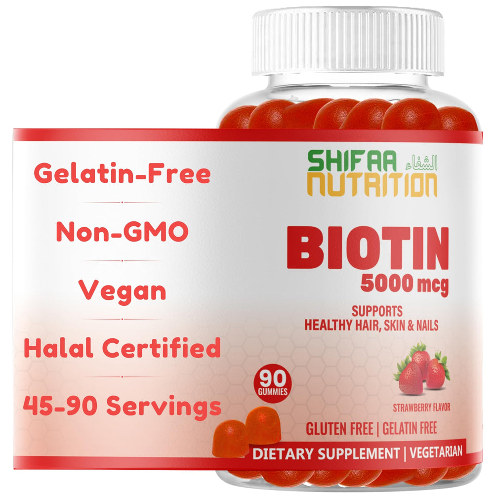 SHIFAA NUTRITION vegan biotin gummies bottle front promotes healthier hair and nails