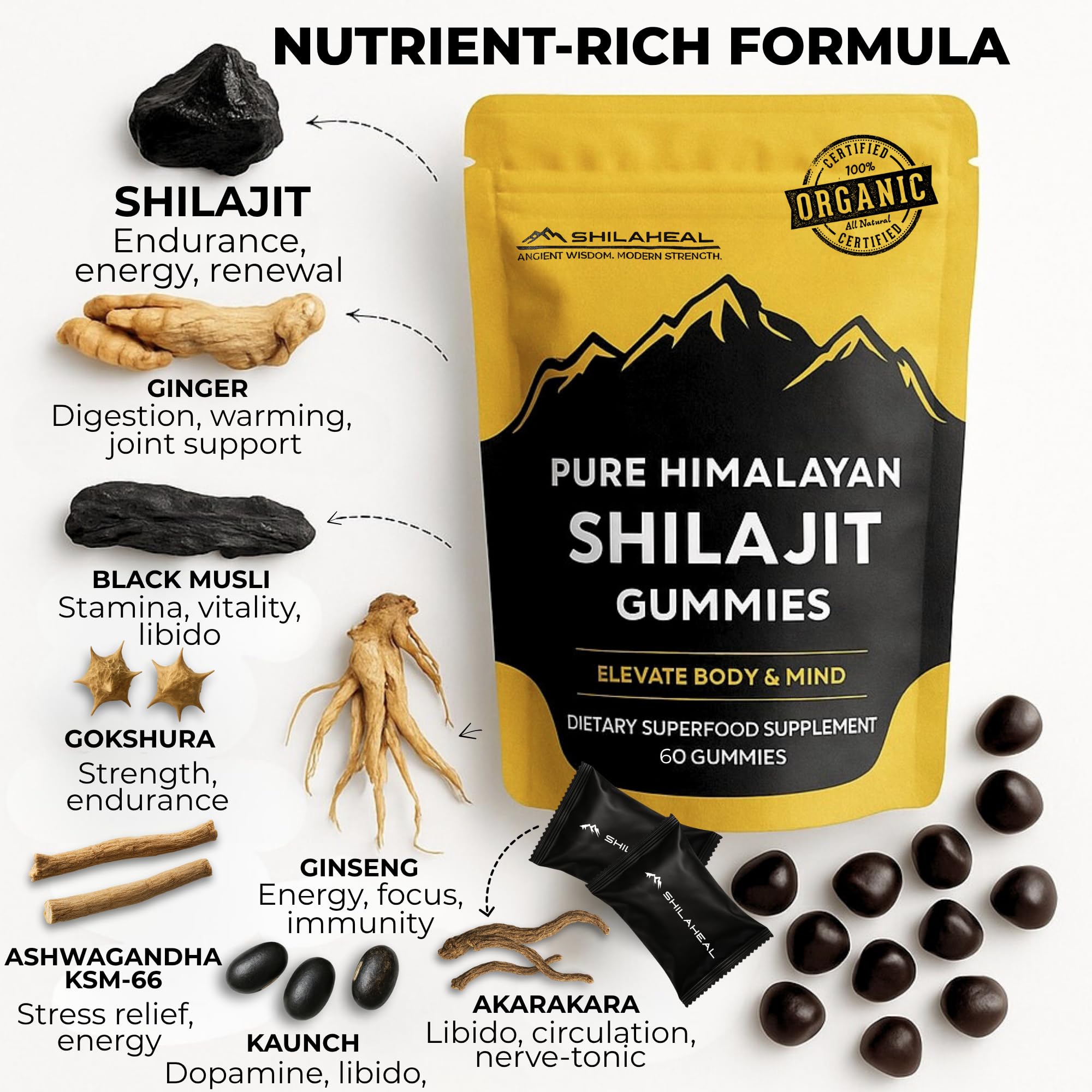 Packaging of SHILAHEAL Shilajit Gummies reveals 85+ minerals