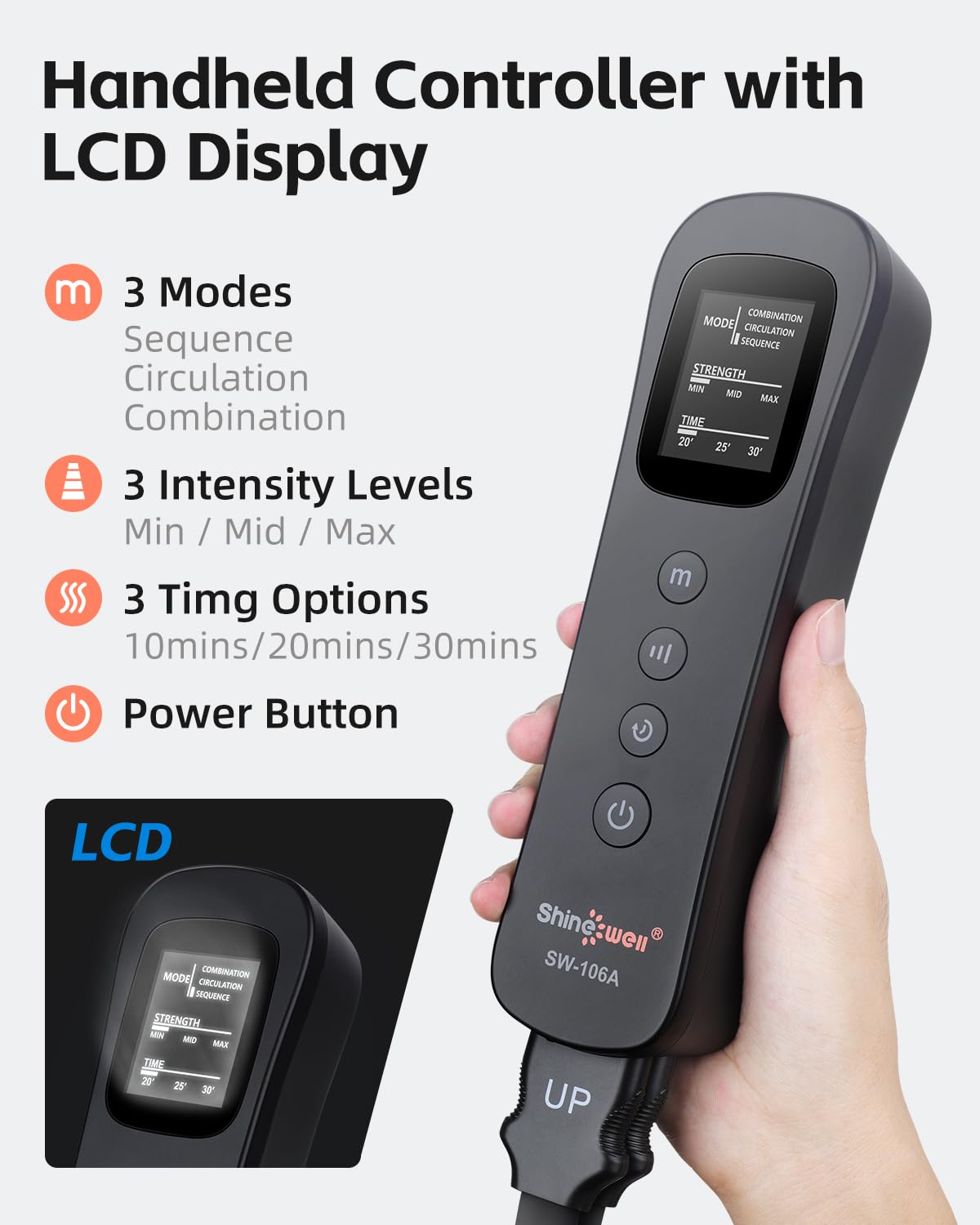 SHINE WELL control panel displaying 3 modes and 3 intensity levels.
