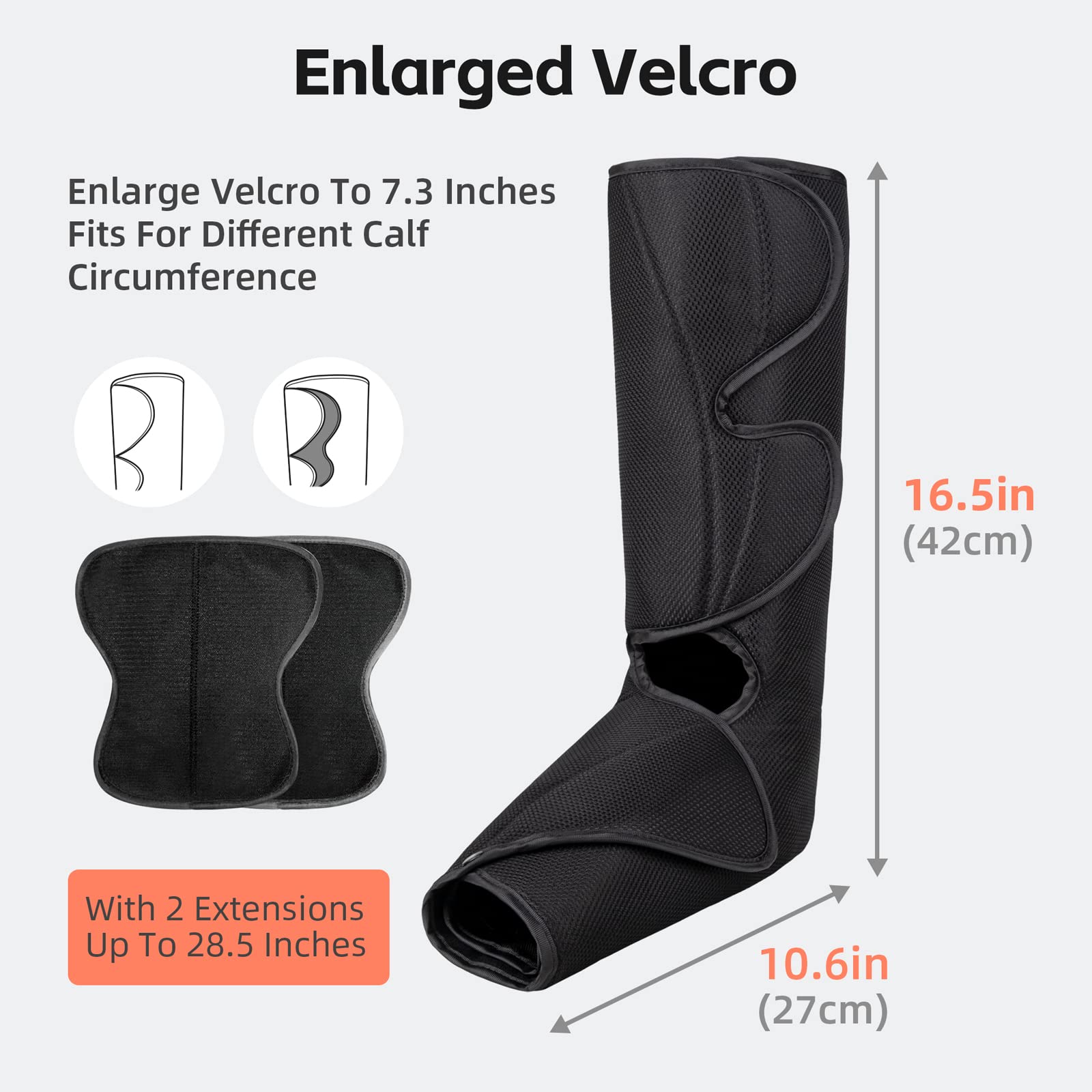 SHINE WELL leg massager showing adjustable size extensions for a secure fit.