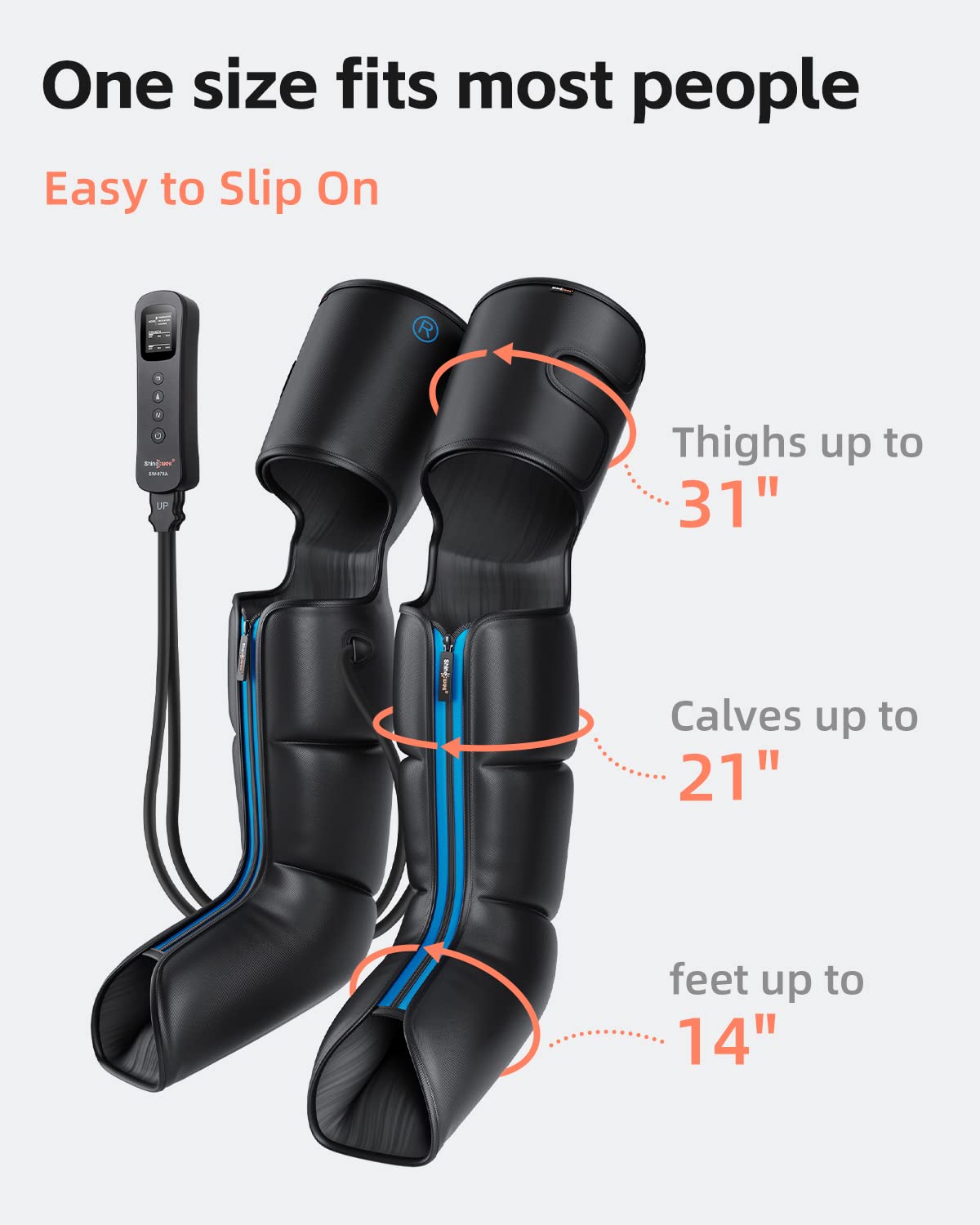 SHINE WELL leg massager zipper design allows quick wear.