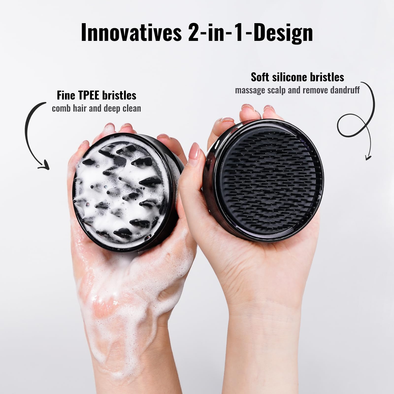 SHINLEA 2 in 1 scalp massager side with soft silicone bristles reduces hair tug
