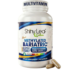 Shiny Leaf methylated bariatric multivitamin bottle, 90-count, for daily use.
