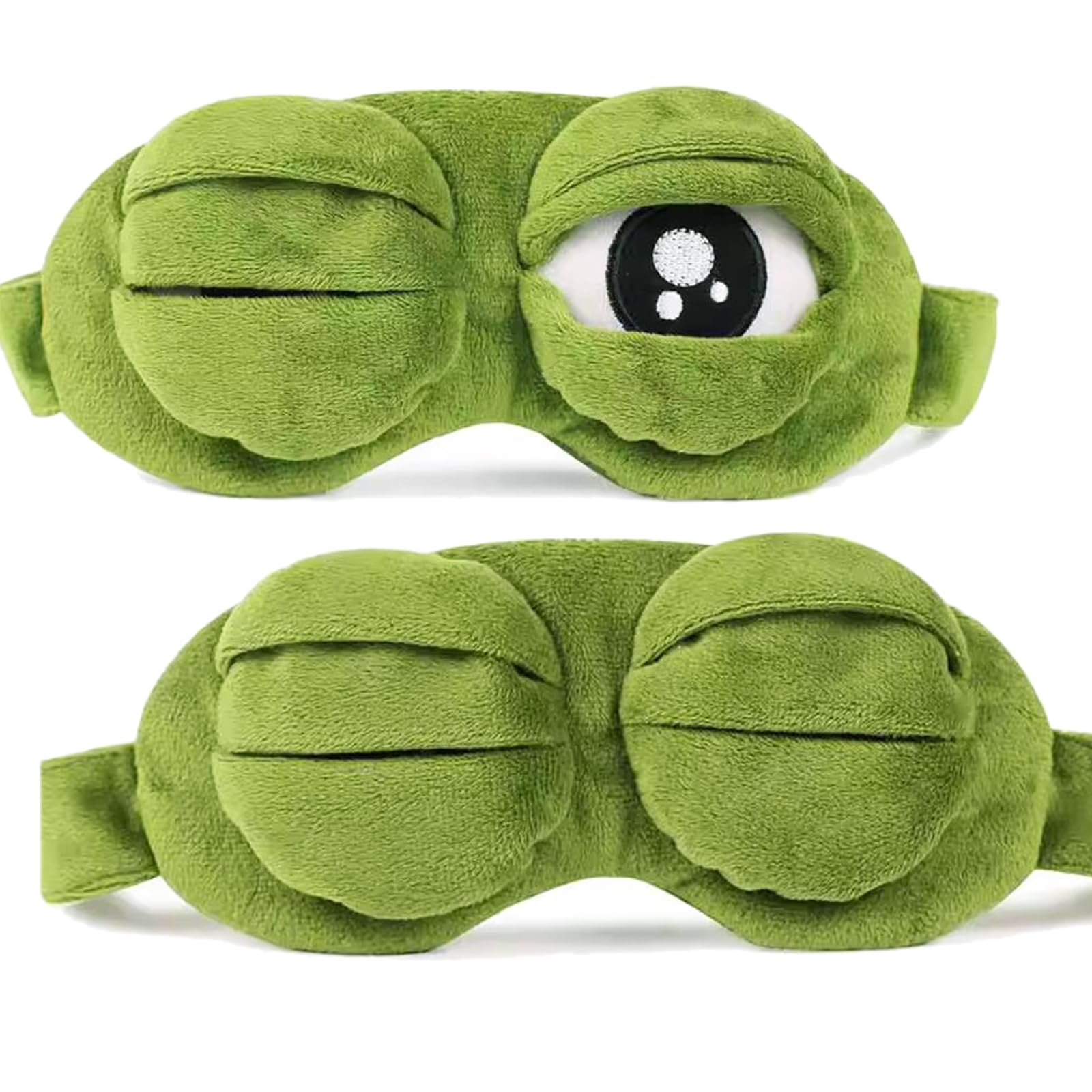 Shinywear sleep eye mask with sad frog design, front view for block-out comfort