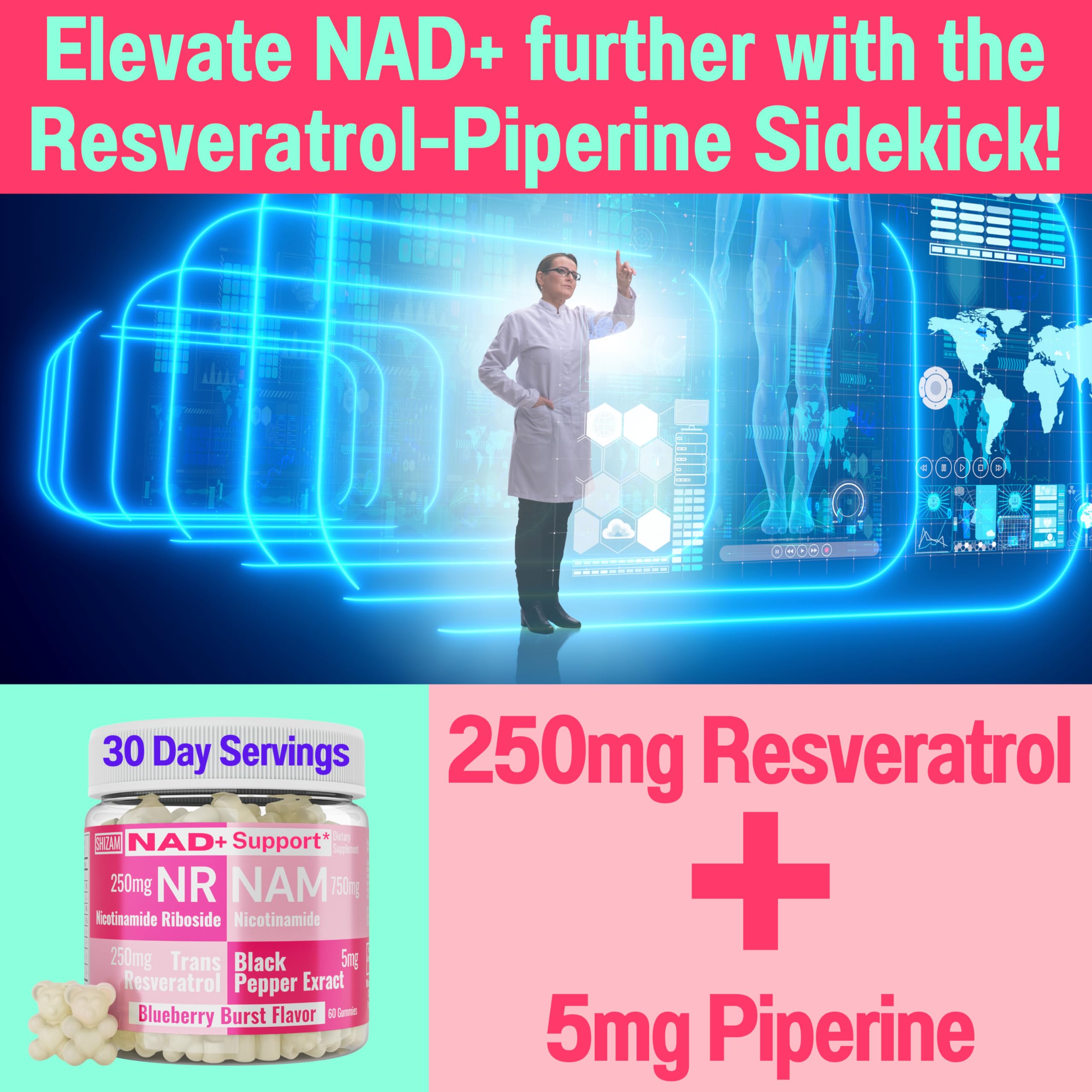 SHIZAM Trans-resveratrol ingredient visual with 250 mg per serving.