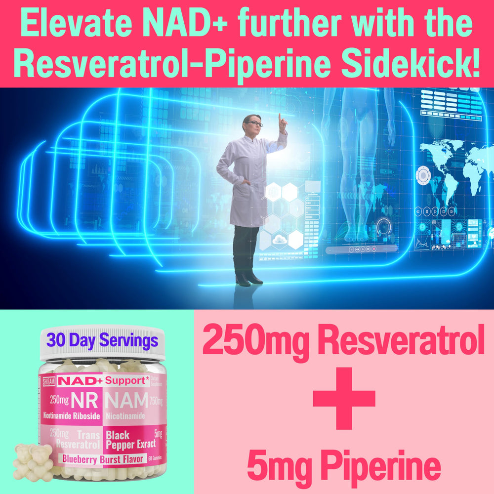 SHIZAM Trans-resveratrol ingredient visual with 250 mg per serving.