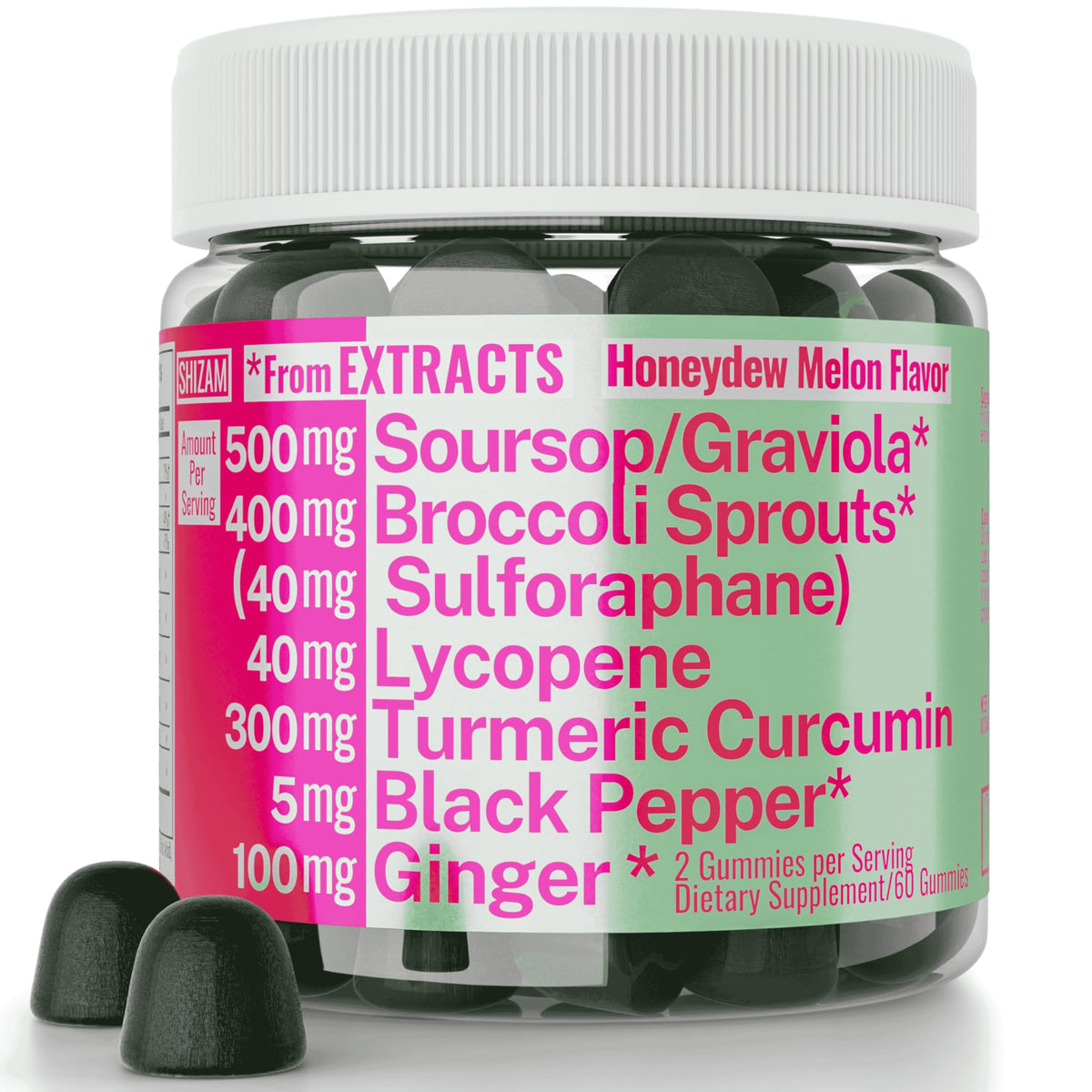 SHIZAM Soursop Graviola Gummies bottle for daily vitality and flavorful supplementation.
