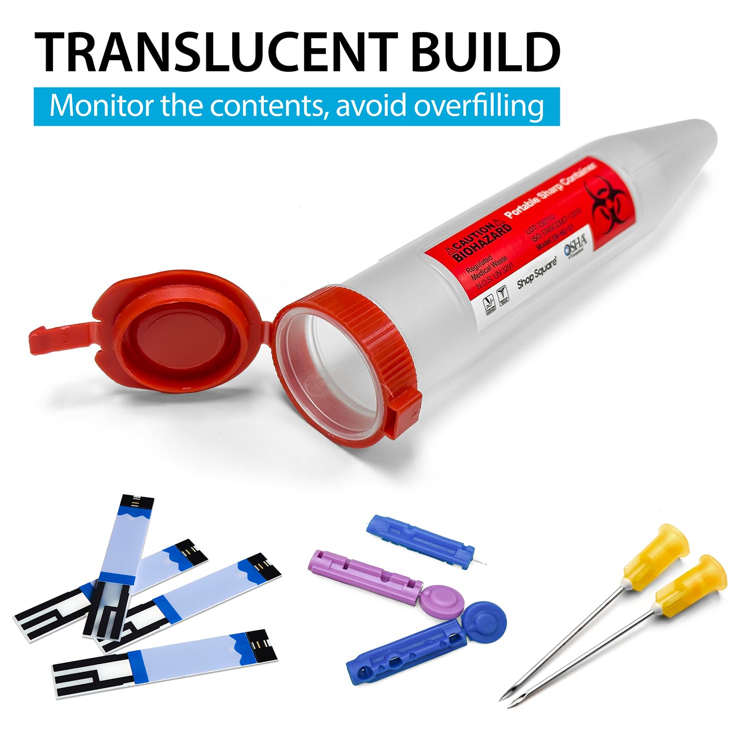 Shop Square travel-ready sharps container supports safe disposal on the go.