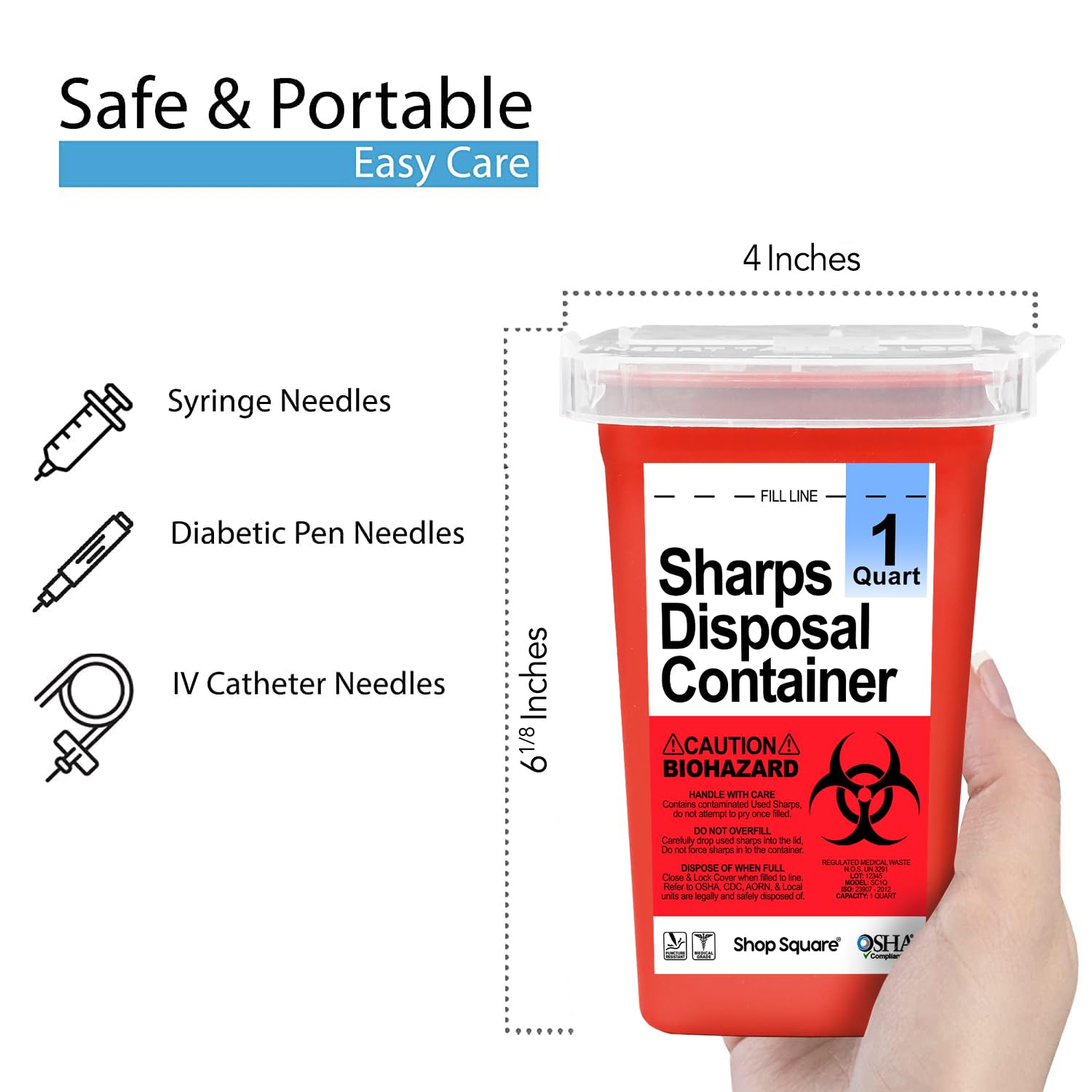 Durable puncture-resistant plastic sharps container for safe needle disposal